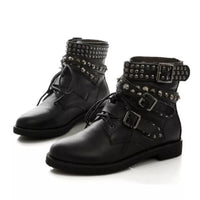 COSMAGIC 2022 New Winter Women Leather Rivet Buckle Motorcycle Boots Lace Up Gothic Punk Round Toe Platform Shoes