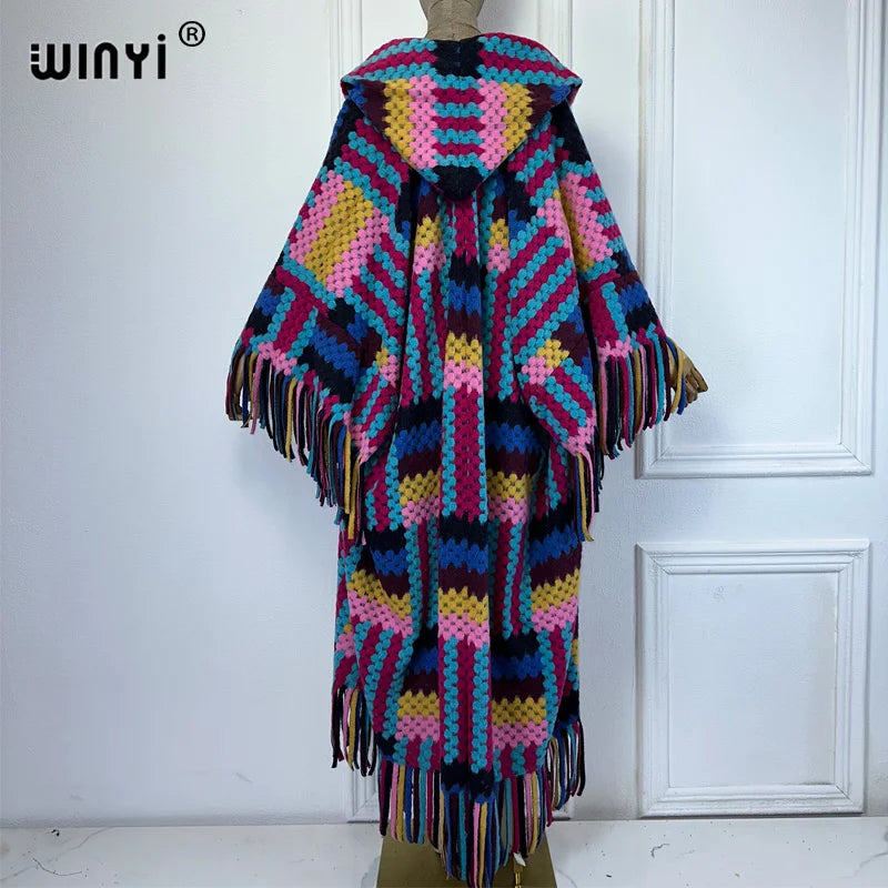 WINYI African Winter color printed tassel hooded cardigan woman abaya outfits for women coat Open Front Kimonos long down poncho
