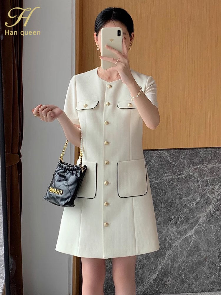 H Han Queen Summer Simple Series Patchwork Pocket A-Line Dress Elegant Fashion Single-Breasted Women Vestido Casual Party Dresse