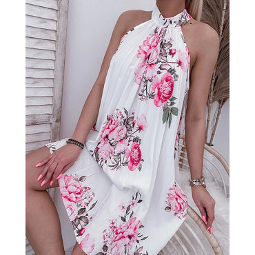 Fashion Women Floral Print Halter Casual Pleated Dress Summer Women Floral Mini Dress Causal Loose Daily Wear Sexy Robe Holiday