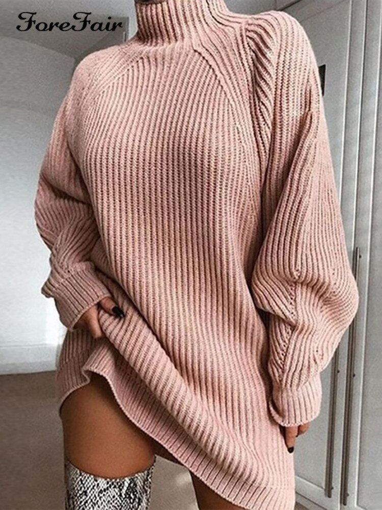 Forefair Turtleneck Long Sleeve Sweater Dress Women Autumn Winter Loose Tunic Knitted Casual Pink Gray Clothes Solid Dresses