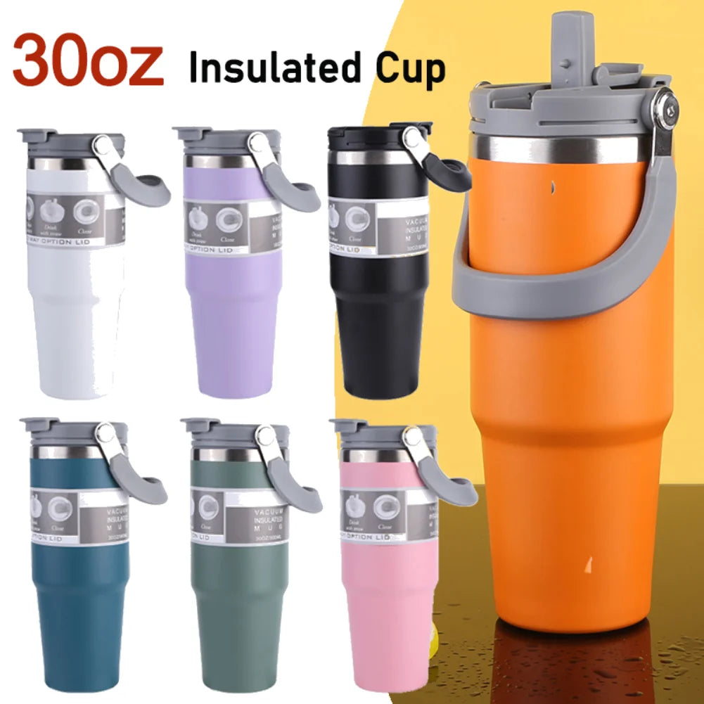 30oz Vacuum Insulated Cup with Handle Double-Layer Insulated Cup Stainless Steel Sports Water Bottle for Cold Hot Beverages