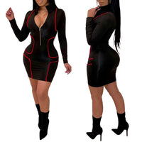 Zipper Stand Collar V Neck Long Sleeve Bodycon Dress Women Fashion Casual Dress Sheath Mini Club Party Dresses Outfits