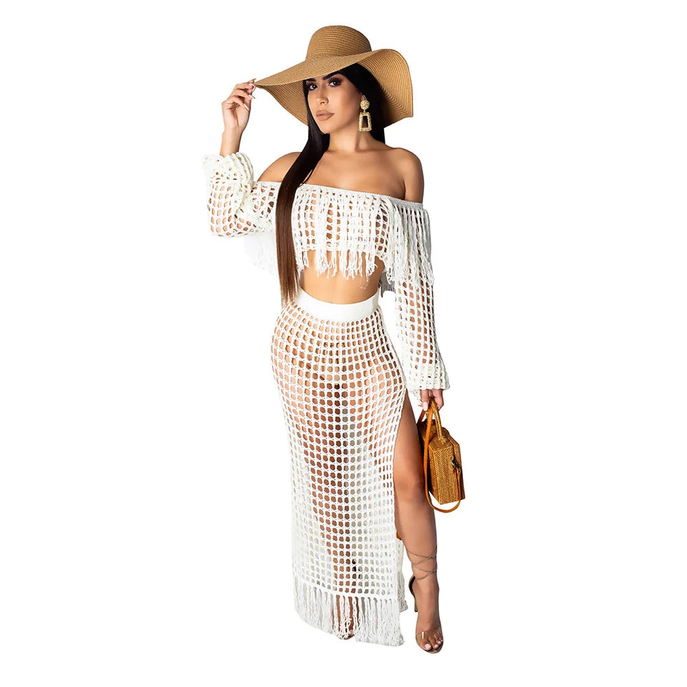 Skirt 2 Piece Set Women Beach Long Skirts Suit Top Off Shoulder Tassels Sexy Hollow Out Ensemble 2025 Summer Female Outfits