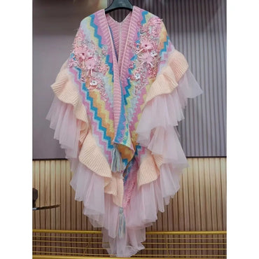 3D Flowers Embroidered Rainbow Knitted Shawl Mesh Spliced Ruffles Sweater Coat Irregular Gauze Ruched Scarf Cape Cardigan Poncho