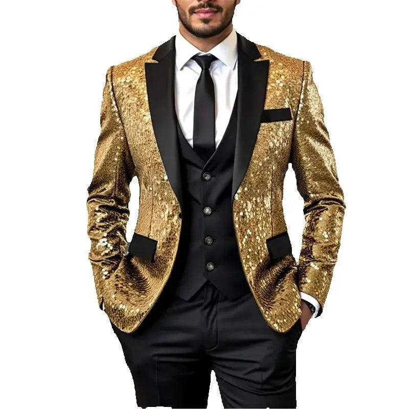 Shiny Sequin Tuxedo Jacket for Men - Royal Blue & Gold Gradient, Black Lapel, Formal Party/Wedding/Stage Wear‌ Coat.