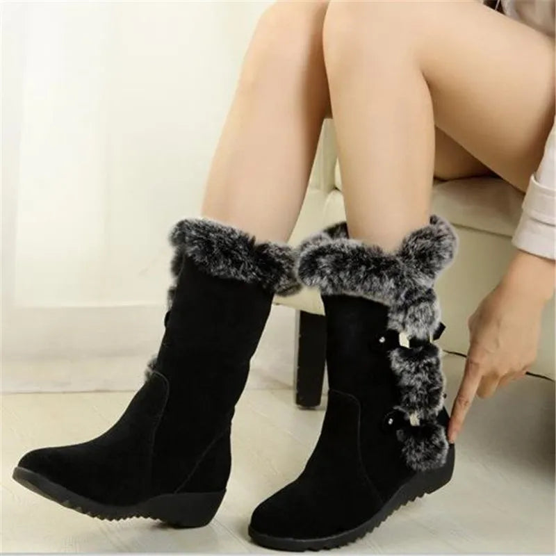 New Winter Women Boots Casual Warm Fur Mid-Calf Boots shoes Women Slip-On Round Toe wedges Snow Boots shoes Muje Plus size 42