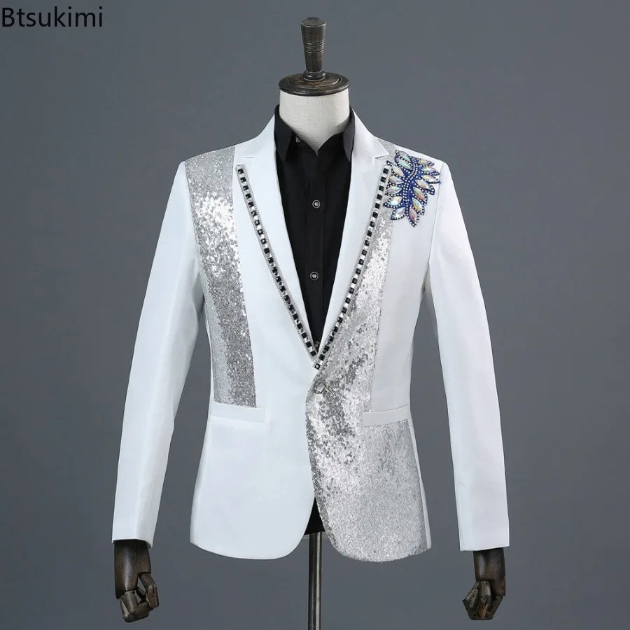 2025 Men's Party Prom Sequin Dress Suit 2 Piece Sets Luxury Classic Black White Diamond Singer Dance Stage Performance Costumes