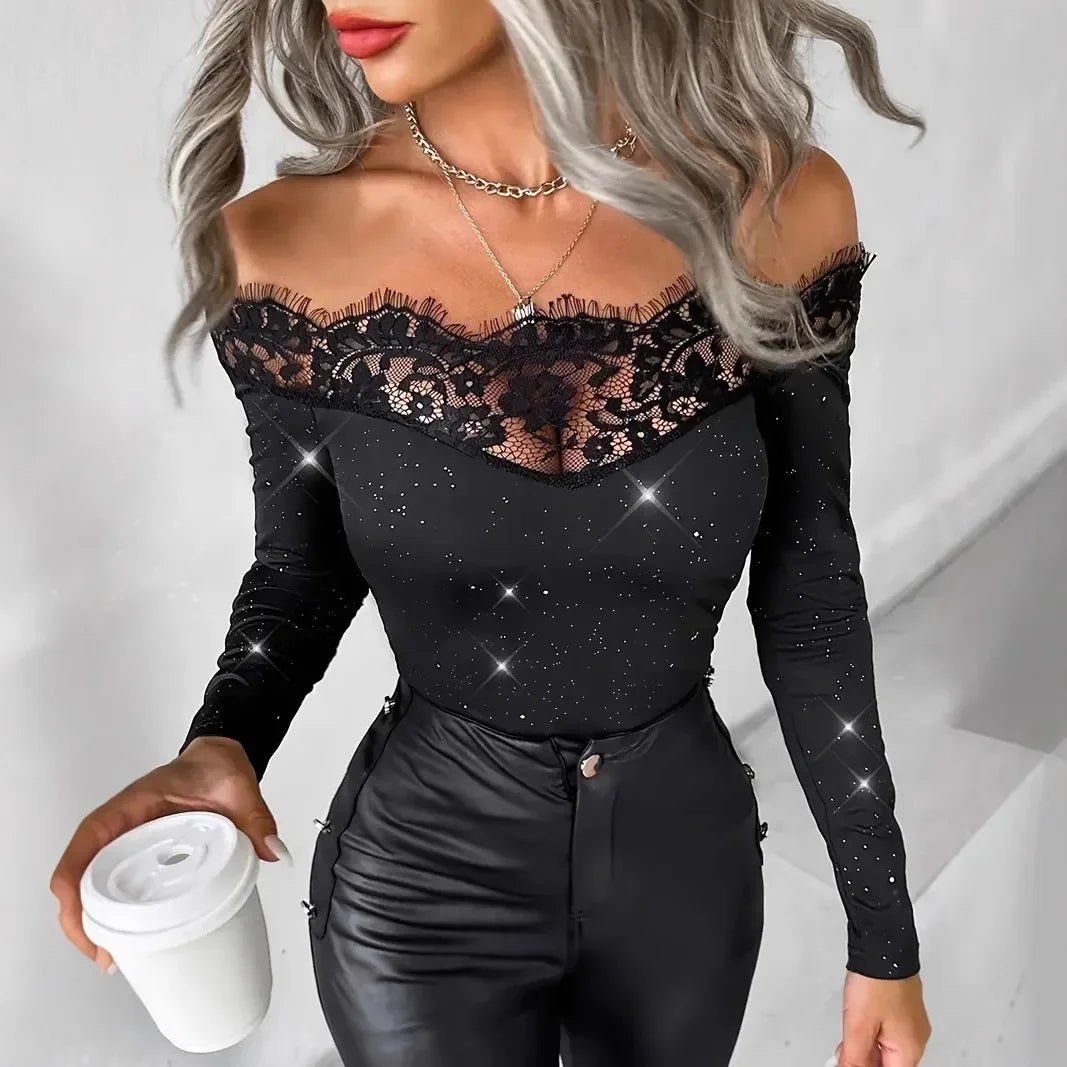 Sexy Slim Fit Long Sleeve Top Sparkling Base Layer Cross-Border New Arrival Women's T-shirt Comfortable Breathable Casual Wear