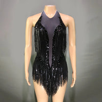 Sparkly Hot Pink Crystals Sequins Fringes Bodysuit for Women Sexy Backless Dance Costume Dancer Performance Show Stage Wear