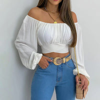 Women Sexy Off Shoulder Blouse Chic and Elegant Printing Lantern Long Sleeve Lace Up Bow Cropped Tops Casual Slim Shirts 2024