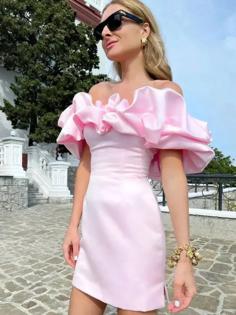 ruffles slash neck women dress summer off shoulder Elegant dress Sexy off shoulder casual dresses Ruffles slash neck cott Yo La La