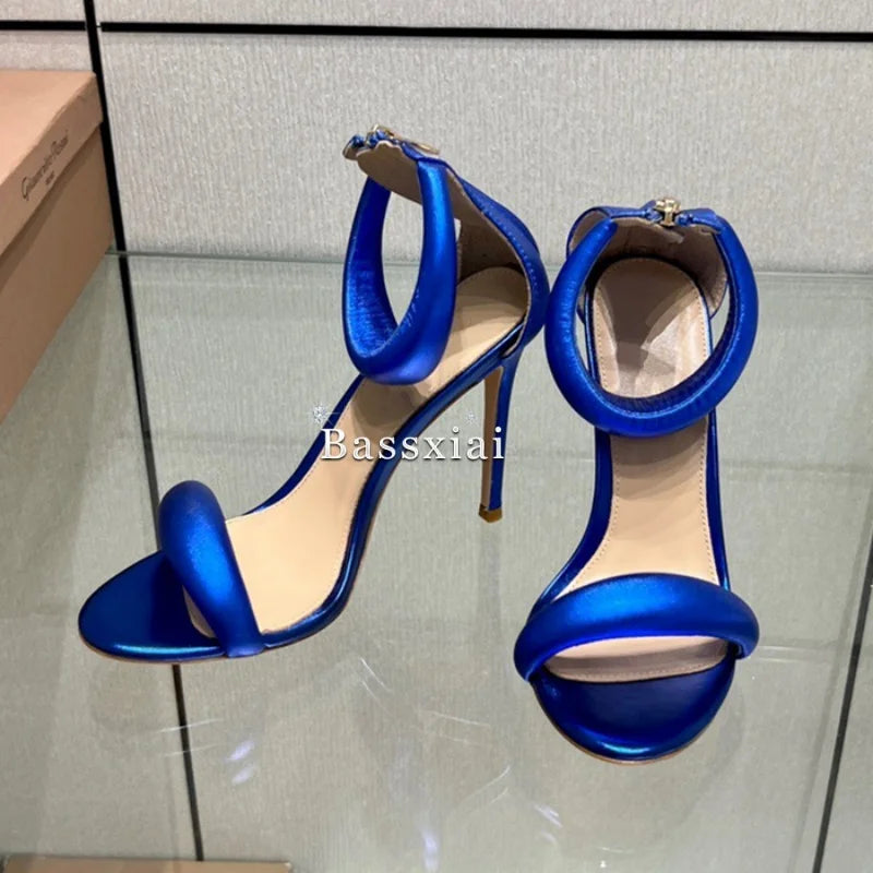 Genuine Leather One-Strap Sandals Women 10cm Stiletto Heel Back Zip Concise Style Modern Summer Shoes
