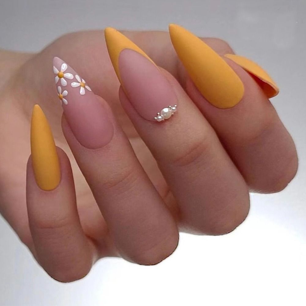 24Pcs Detachable Almond False Nails with Pearl Decoration Elegant Designs French Fake Nails Full Nail Art Tips Press On Nails