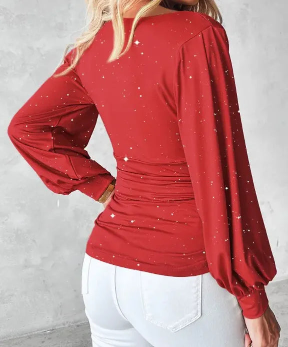 Elegant Red Sequin Blouse with Long Sleeves and Ruched Waist - Polyester Knit Fabric  Perfect for Spring/Summer/Fall  Stylish Bl