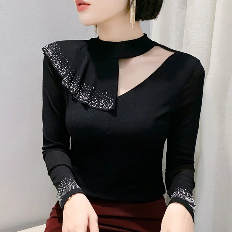 New 2025 Spring Autumn Long Sleeve T-Shirt Fashion Casual Turtleneck Diamond Woman Tee Elegant Slim Women's Tops Blusas