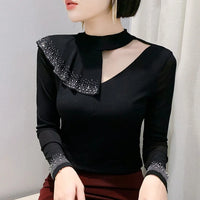 New 2025 Spring Autumn Long Sleeve T-Shirt Fashion Casual Turtleneck Diamond Woman Tee Elegant Slim Women's Tops Blusas