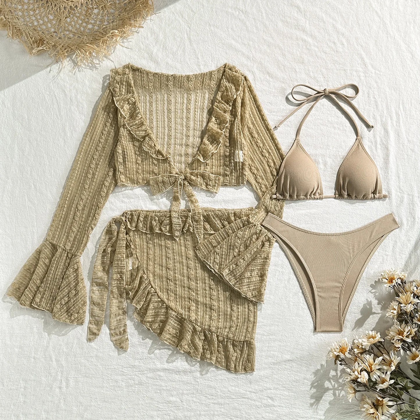 2025 new lace mesh four-piece swimsuit split bikini swimsuit