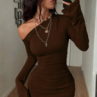 Dulzura Inclined Shoulder Long Sleeve Ruched Slim Irregular Mini Dress Women'S Solid Sexy Casual Dress Party Club Autumn Clothes