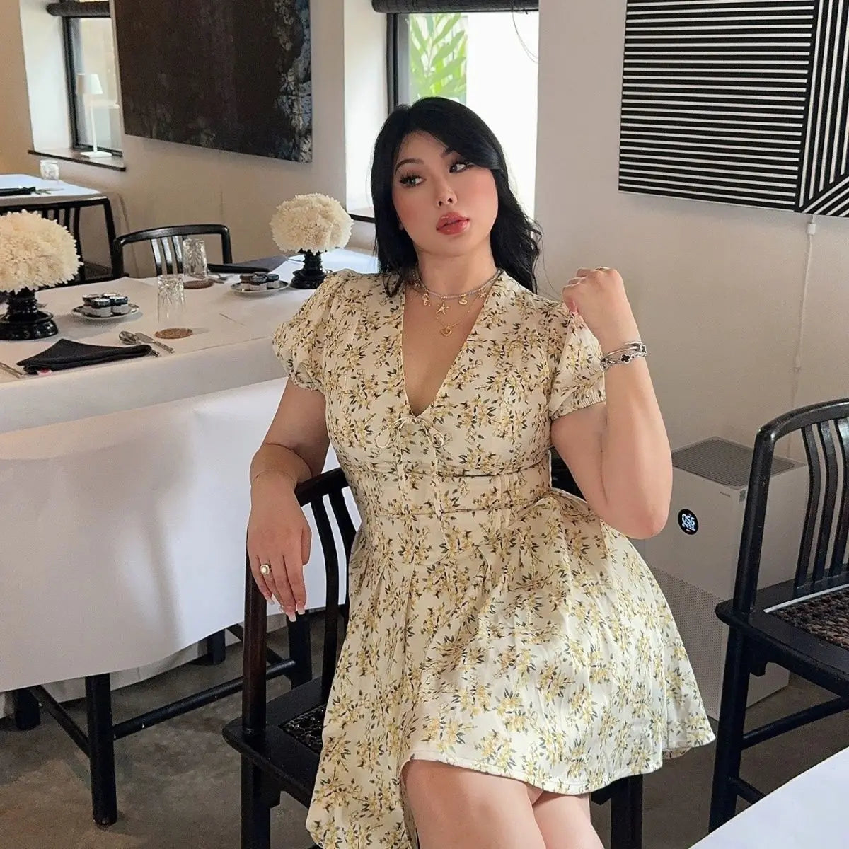 Plus Size Pleated Mini Dress For Women Floral Print V Neck Short Sleeve Lace Up Lady Sexy Slim Summer Elegant Outfits Party