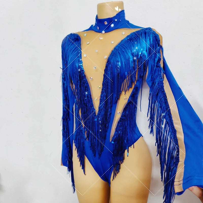 Flashing Blue Fringed Rhinestones Bodysuit Women Stretch Gogo Dancer Costume Bar Nightclub Dj Ds Party Rave Outfits XS7744