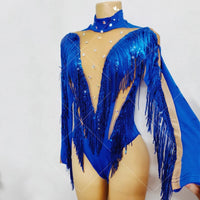 Flashing Blue Fringed Rhinestones Bodysuit Women Stretch Gogo Dancer Costume Bar Nightclub Dj Ds Party Rave Outfits XS7744