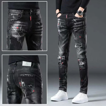 High Street  2022 Fashion Casual Ripped Jeans Men's Patch Teenagers Cowboy Paint Splash Ink Black Pencil Pants Skinny Jeans Men