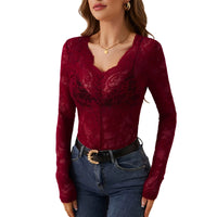 Women'S Floral Eyelet Lace Shirt Sexy V Neck Long Sleeve Opaque Shirts See-Through Lace Sexy Women Clothing Blusas Para Mujer