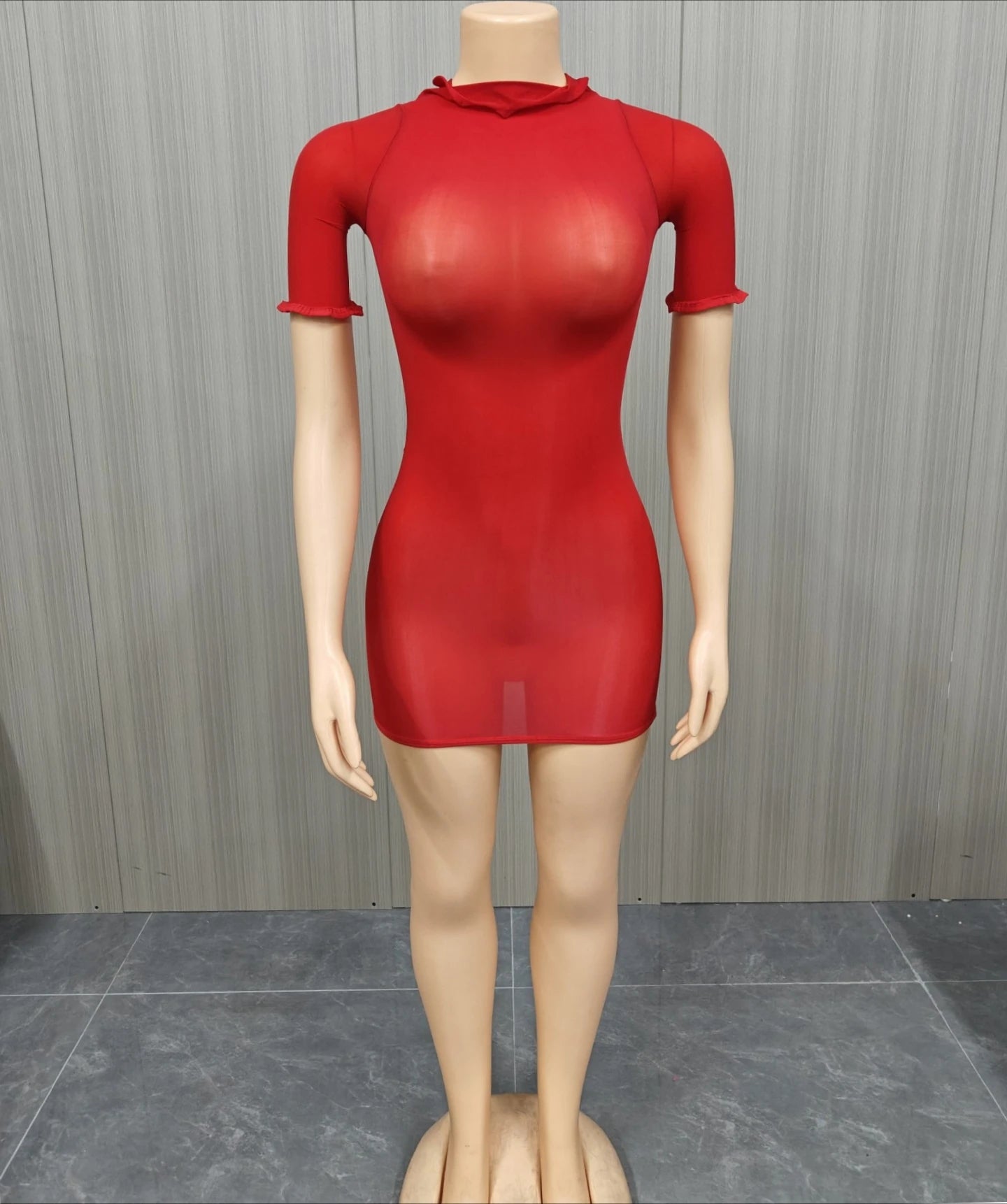 FLARORA Sexy See Through Mini Dress Woman Solid Color O-Neck Short Sleeves Skinny Peach Hip Elastic Clubwear Midnight Bodycon