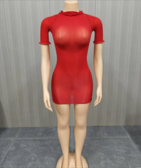 FLARORA Sexy See Through Mini Dress Woman Solid Color O-Neck Short Sleeves Skinny Peach Hip Elastic Clubwear Midnight Bodycon