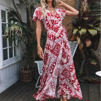 Deep V Neck Summer Maxi Dress Women Floral Print Bohemian Lace Up Split Dresses Elegant Ruffle Short Sleeve Beachwear Vestidos