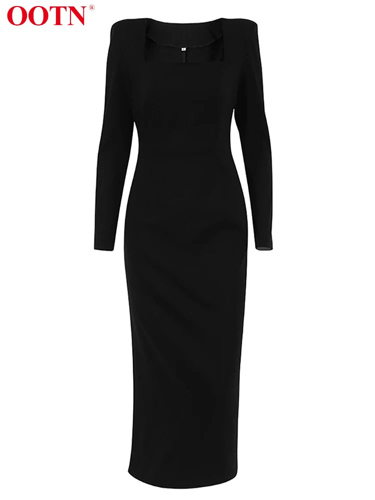 OOTN Elegant Black Bodycon Dress Stretch Square Neck Long Sleeve Party Dresses Women Spring Split Mid-Calf Solid Sexy Dress 2022