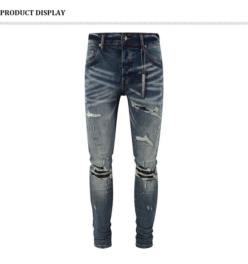 Fashionable new men's jeans with pleated elastic slim fit, retro washed blue jeans, high street designer hip-hop brand pants, ho