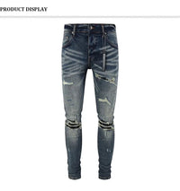 Fashionable new men's jeans with pleated elastic slim fit, retro washed blue jeans, high street designer hip-hop brand pants, ho