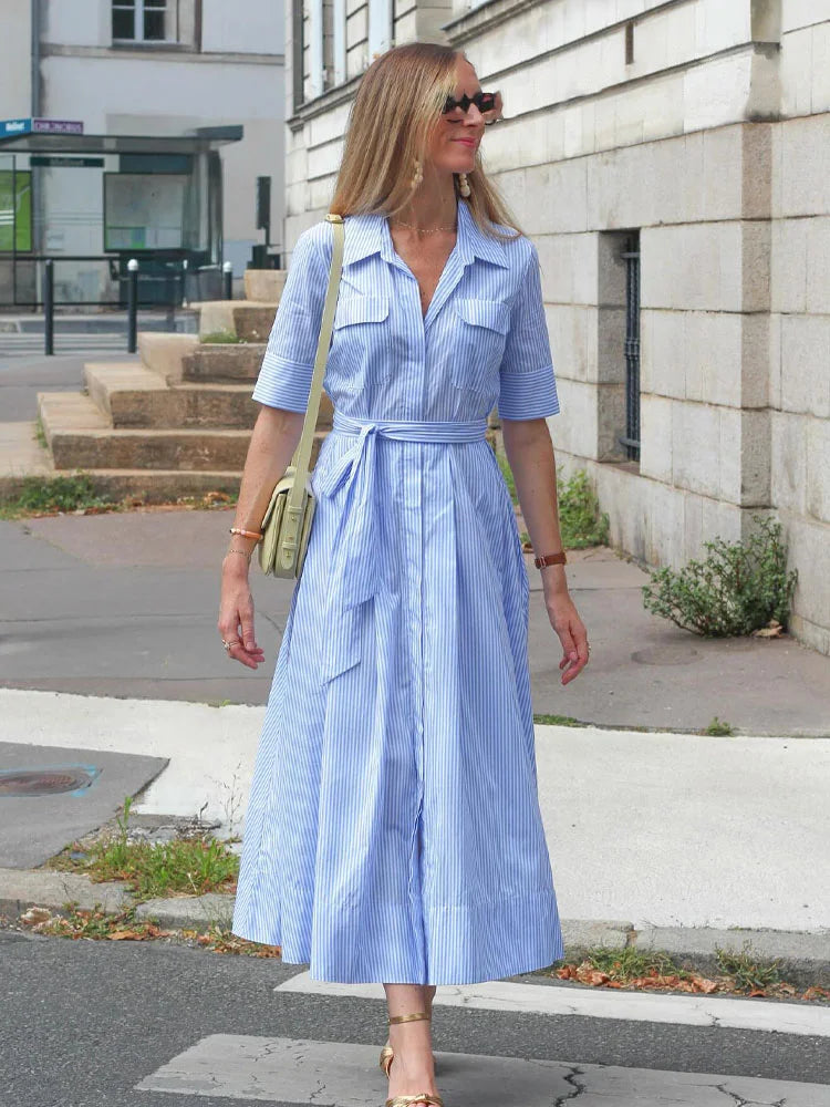 HH Women Fashion Lapel Short Sleeve Pocket Single-Breasted Belt Decorate Midi Dress Female Summer Elegant Slim Pleated Dress