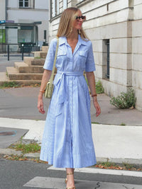 HH Women Fashion Lapel Short Sleeve Pocket Single-Breasted Belt Decorate Midi Dress Female Summer Elegant Slim Pleated Dress