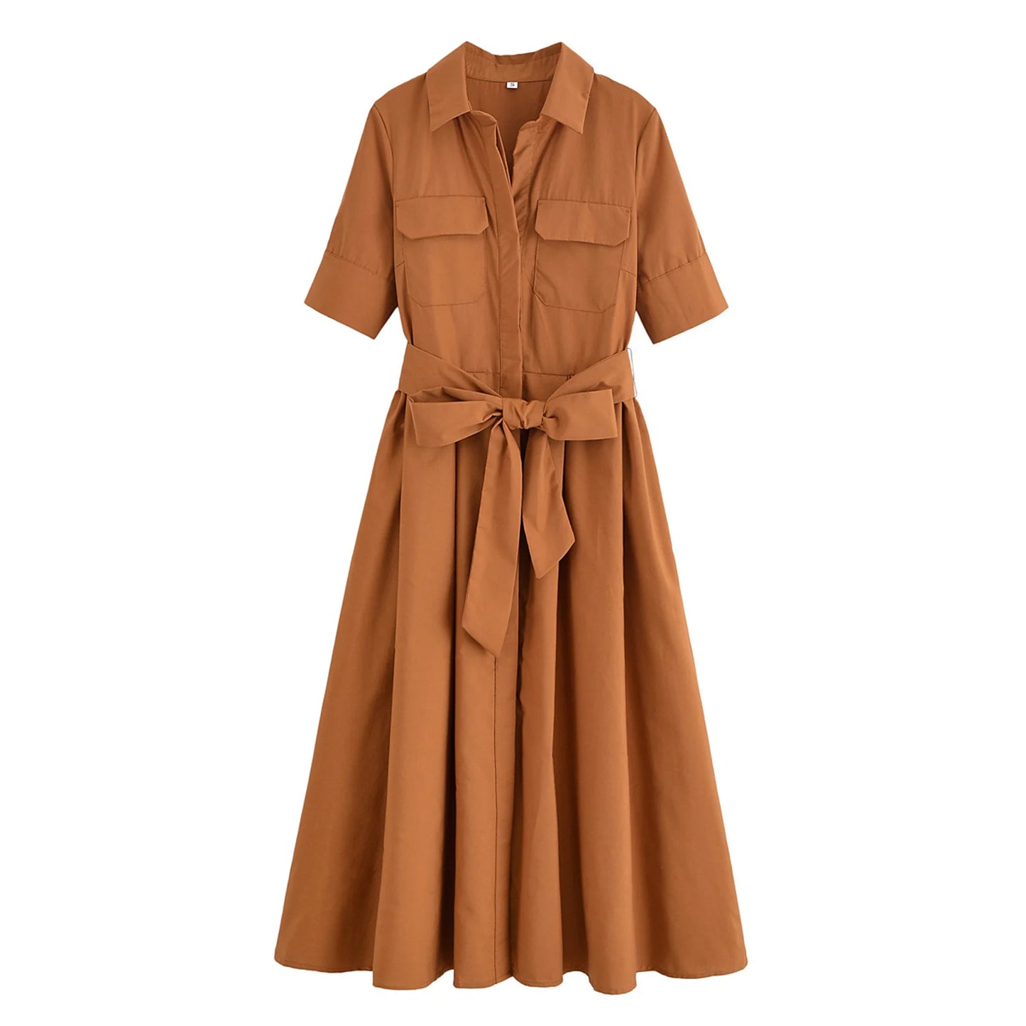 HH Women Fashion Lapel Short Sleeve Pocket Single-Breasted Belt Decorate Midi Dress Female Summer Elegant Slim Pleated Dress