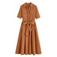 HH Women Fashion Lapel Short Sleeve Pocket Single-Breasted Belt Decorate Midi Dress Female Summer Elegant Slim Pleated Dress