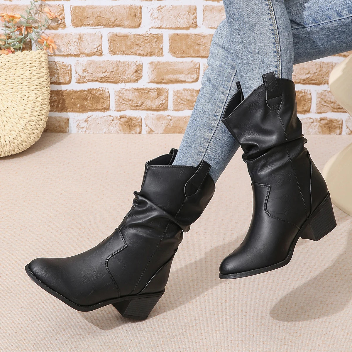 Boots Frayed One Foot Den Small Heel Mid Western Cowboy Women's Boots Mid Boots Fashion Women's Boots
