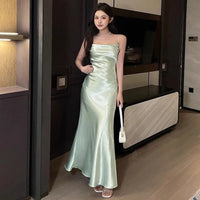 Woman Summer Pleated Sleeveless Midi Dresses 2025 Fashion Silk Satin Long Dress Women Spaghetti Strap Dress Party Banquet Dress