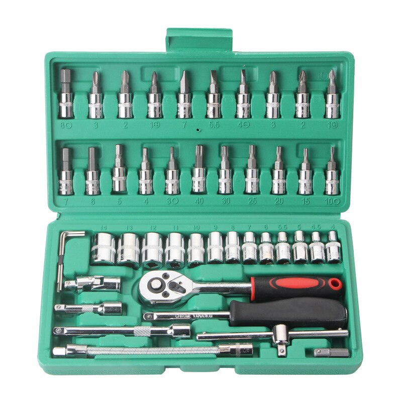 46pcs Socket Ratchet Car Repair Tool Wrench Set Head Ratchet Pawl Socket Spanner Screwdriver Professional Metalworking Tool Kit