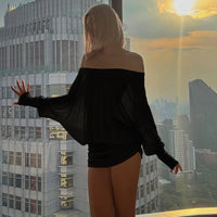2000S Spring Summer Womens Fashion Tideway Solid Color Skirt Casual Party Clubwear Fit Long Sexy Sleeve Off Shoulder Short Dress