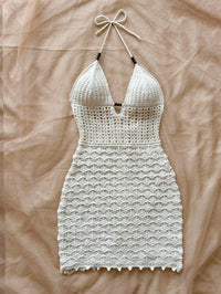 Women's V-Neck Strapless Dress, Hollow Out, Wooden Bead, Slim Fit, Gradient Color, Knitted, Sexy, Vacation Wear