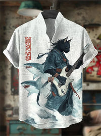 Men's Cat Print Short-Sleeve Shirt, Stand Collar Retro Casual Top, Breathable Slim Fit Shirt, Outdoor Casual Hawaiian Shirt