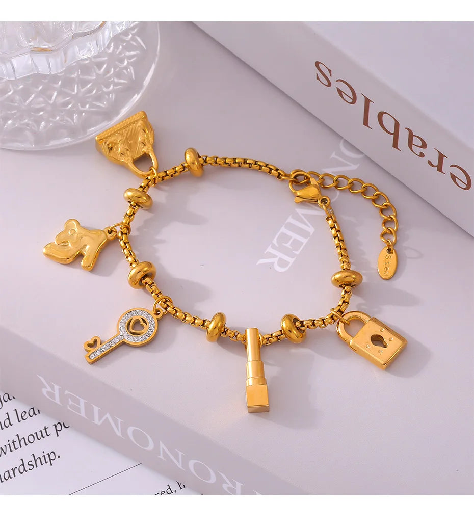 316L Stainless Steel Charm Bracelet For Women 18K Gold Plated Waterproof No Tarnish Women's Multiple Different Pendant Bracelets