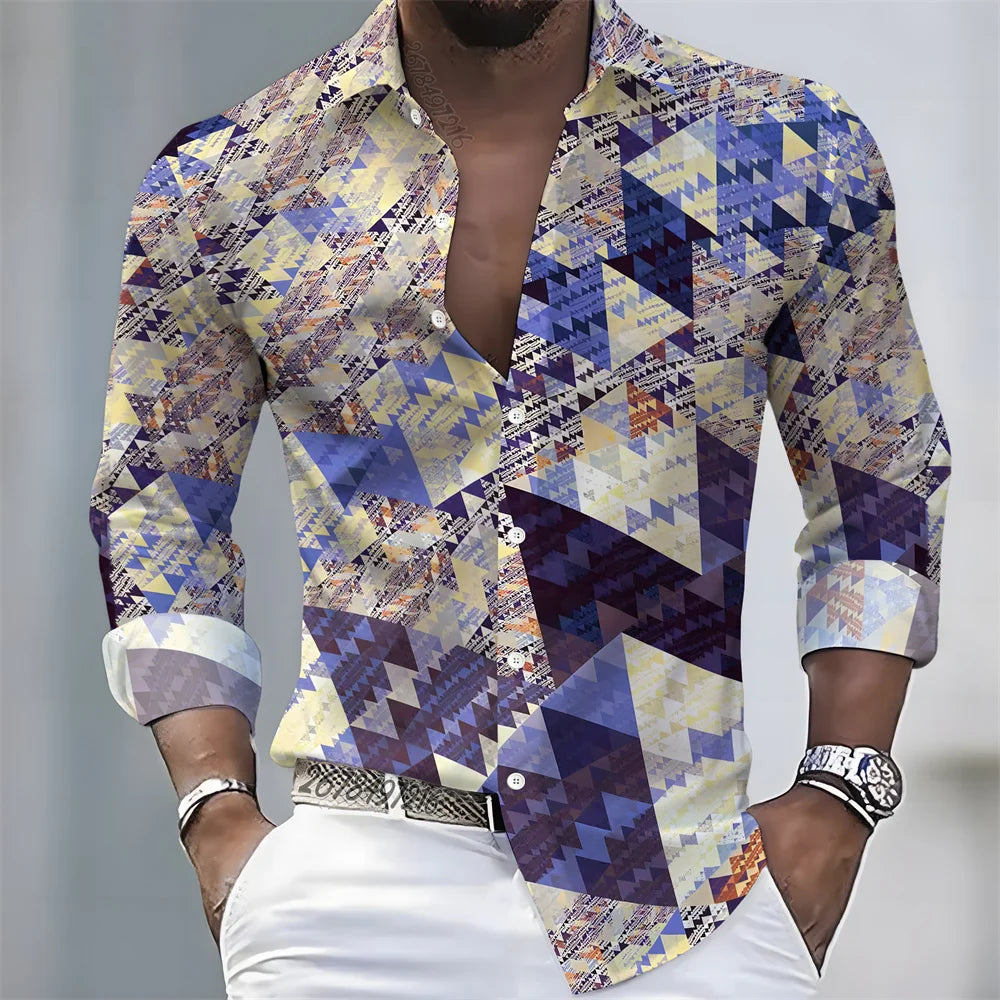 European and American style color-blocked geometric abstract print men's long-sleeved shirt, versatile top for spring and autumn
