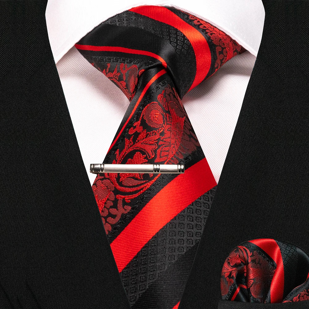 JEMYGINS Classic Silk Luxury Mens Ties Floral Striped Red Green Ties Paisley NeckTie Pocket Square Set Men's Wedding Party Tie