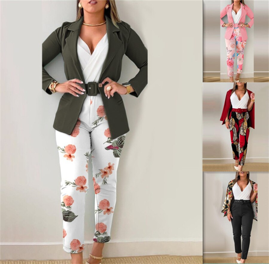 Two Piece Set Women Formal Office Suit with Belt Slim Elegant Pant Sets Autumn Long Sleeve Blazer Floral Print Women's Outfits