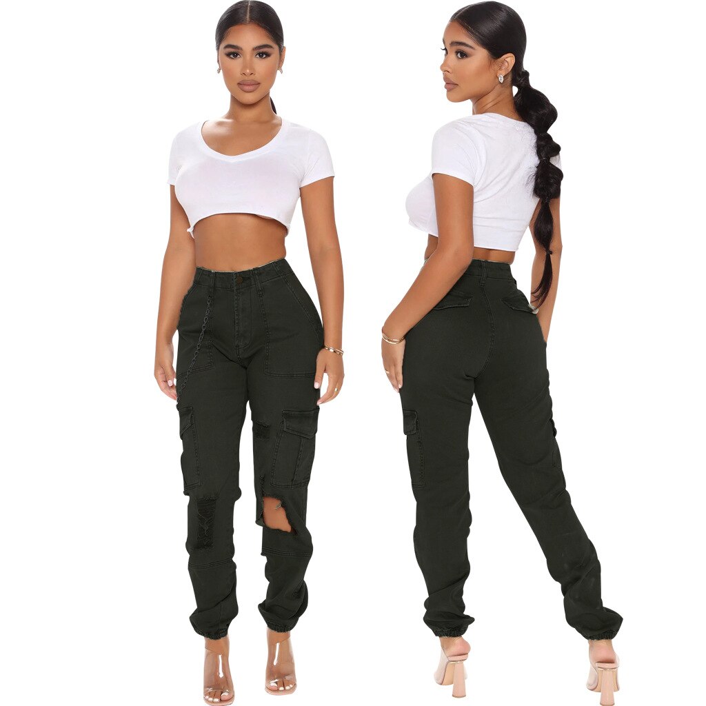 Camouflage Cargo Jeans Women 2023 Summer Hollow Out Ripped High Waist Black Stretch Jeans Woman Casual Big Pocket Denim Trouser