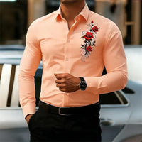 Men's long-sleeved shirt, featuring a vintage red rose print design.  A stylish business casual shirt and fashionable men's top.